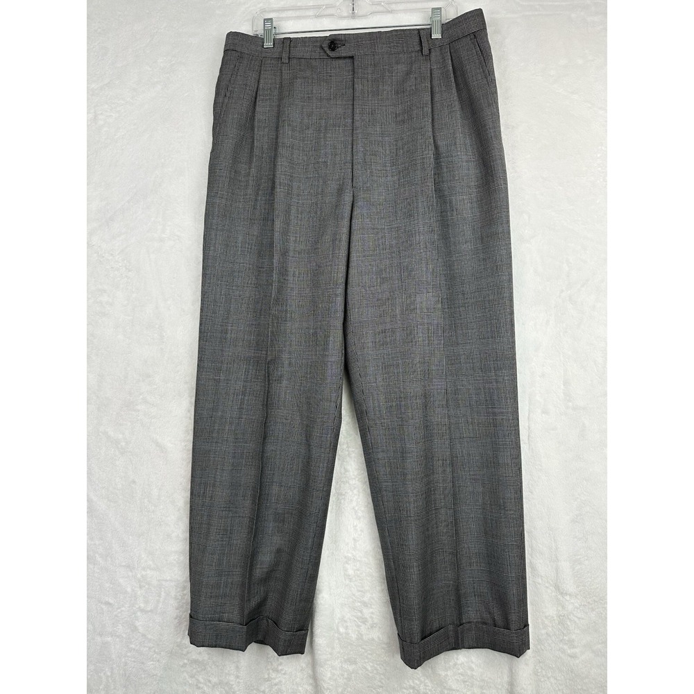 Hart‎ Schaffner Marx Dress Pants Mens 35x28 Wool Gray Plaid Cuffs Pleated
